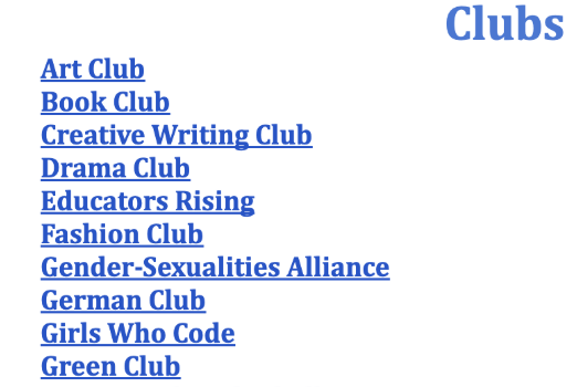 Picture of club options offered at school on official FTIS website. 